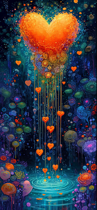 A large orange heart with smaller hearts and colorful jellyfish-like objects in a dark blue background.