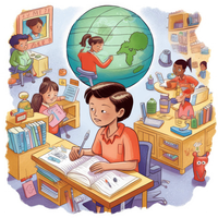 Students studying and learning in a classroom with a globe