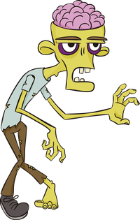 Cartoon zombie character with visible brain and skeleton parts