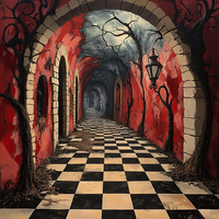 Surreal corridor with red walls and black and white checkered floor