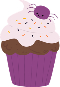 Cartoon cupcake with purple spider on top
