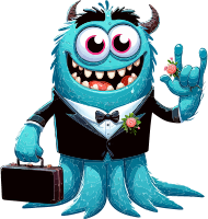 Cartoon monster in a tuxedo holding a briefcase and a rose