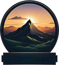 A circular illustration of a mountain landscape at sunrise.