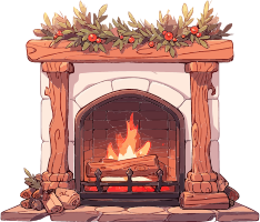 Illustration of a fireplace with a burning fire and holly decoration