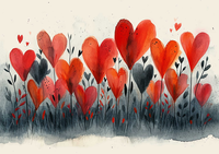 Watercolor painting of red and black hearts in a grassy field