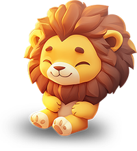 A smiling cartoon lion with a large mane sitting down
