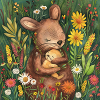 A mother rabbit holding her baby in a field of colorful flowers