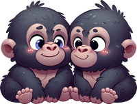 Two cartoon monkeys with big eyes and smiling faces