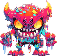 Colorful cartoon monster with sharp teeth and horns holding glasses
