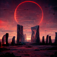Futuristic cityscape with modern skyscrapers under a large red moon in a crimson sky