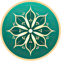 A circular icon with a stylized floral design in beige on a green background