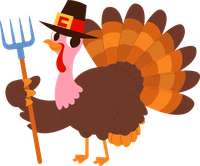 Cartoon turkey in pilgrim hat holding garden fork