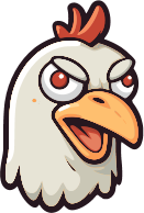 Angry white chicken cartoon character with red eyes