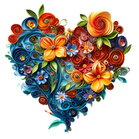 A heart shape made of colorful flowers and swirling patterns