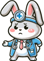 Cartoon rabbit in a doctor's outfit with a stethoscope around its neck and a medical hat on its head, looking worried.