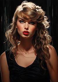 Taylor Swift in a black tank top with blonde curly hair and red lipstick