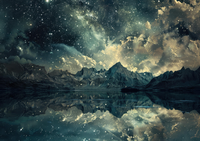 A starry night sky reflected in a calm lake surrounded by mountains.