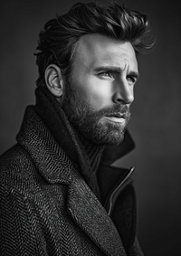 Black and white portrait of a man with a beard and stylish coat