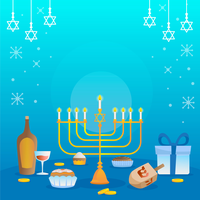 Hanukkah celebration setup with menorah, wine, and gifts