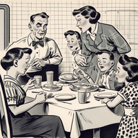 Vintage-style illustration of a family enjoying dinner together