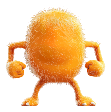 A cartoon character with an orange fuzzy body and flexed arms.