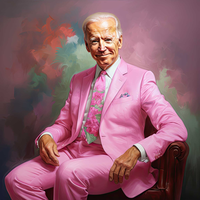 Man in a pink suit sitting on a dark wooden chair