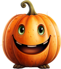 A smiling cartoon pumpkin with green eyes
