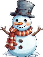 Cartoon snowman with top hat and striped scarf