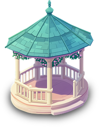 Digital illustration of a gazebo with teal roof and floral decorations