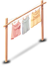 Wooden drying rack with pink, blue, and yellow t-shirts