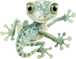 Cartoon gecko with large eyes and green spotted skin