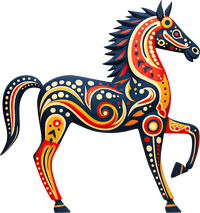 A stylized horse with vibrant, swirling patterns on a black background.