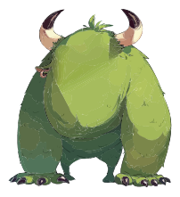 A cartoon monster with green fur and large horns.