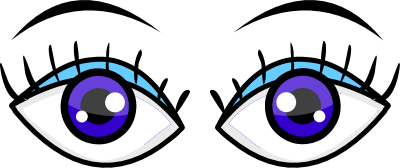 Cartoon eyes with purple irises and blue eyebrows