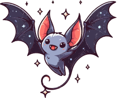 Cartoon bat with large ears and wings, surrounded by stars