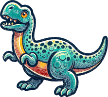 A cartoon dinosaur with a teal body, orange underbelly, and black spots, set against a black background.