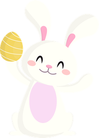 Cartoon Easter bunny with a big smile holding a yellow Easter egg