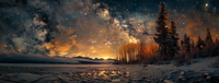 Panoramic view of a snowy landscape with trees under a starry night sky