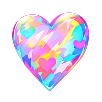 A heart-shaped graphic with a holographic effect and multiple smaller hearts inside
