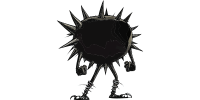 A 3D character with a round spiky body and metal legs against a black background.