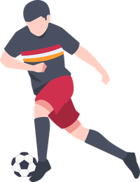 Illustration of a soccer player in a gray shirt and red shorts kicking a soccer ball