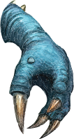 A blue, furry claw with sharp, golden nails