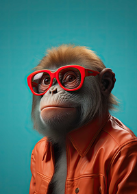 A monkey with red glasses and an orange jacket