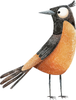A cartoon bird with orange belly and black wings against a black background