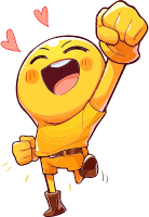 An animated yellow emoji with a raised fist and hearts around it, conveying excitement and happiness.