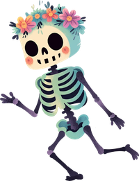Cartoon sugar skull with flowers in hair and a skeletal body