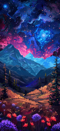 A fantasy landscape with mountains, flowers, and a colorful, star-filled sky.