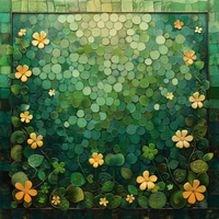 Mosaic artwork with yellow flowers and green leaves