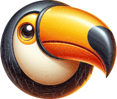Toucan head logo with a large orange and black beak