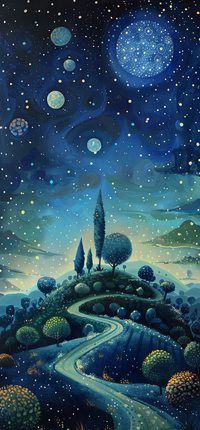 A surreal landscape with a winding road leading to a hill with trees under a starry night sky with planets.